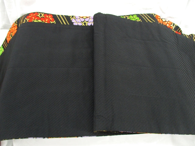 日本和服腰帶,黑色背景花卉刺繡,KIMONO OBI