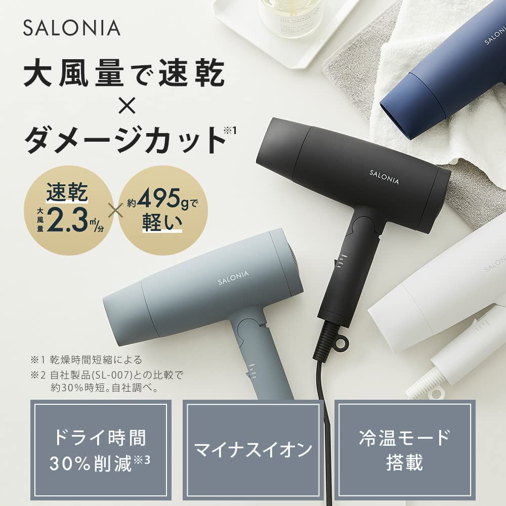 SALONIA Speedy 離子吹風機 灰色 大風量 速乾 負離子 輕便 折疊式_YOUTW_589