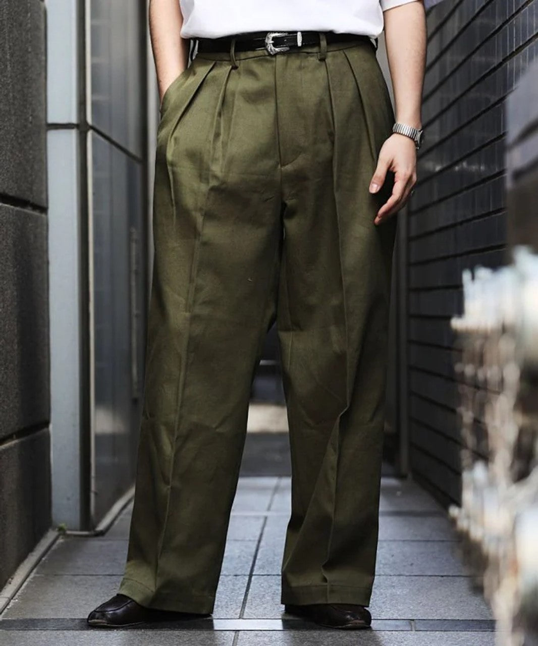 MACOBER×FREAK'S STORE 男裝 寬褲 丹寧 卡其綠_YOUTW_419