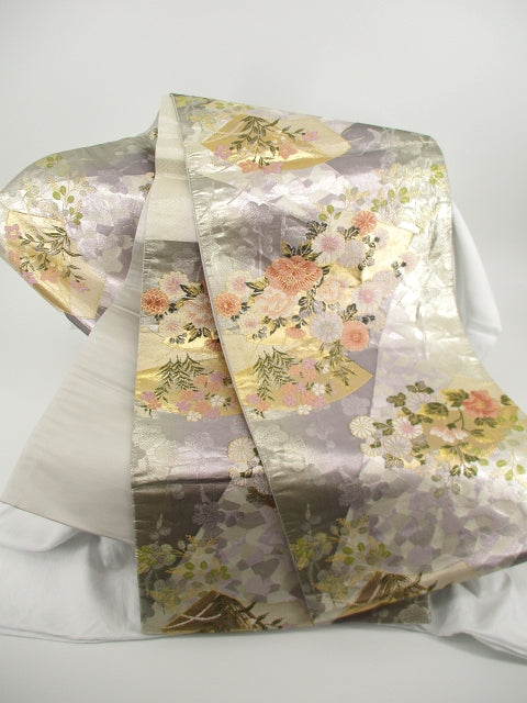 日本和服腰帶扇子和花朵刺繡 KIMONO OBI OUGI